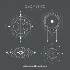 three geometric shapes with lines and dots in the middle, on a dark background that says geometric tattoo