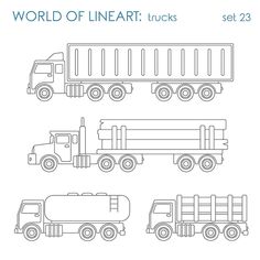 four different types of trucks are shown in the same line art style, each with their own color and size