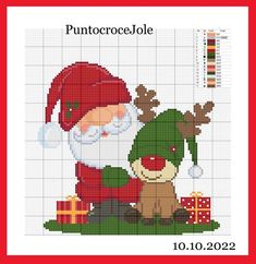 a cross stitch pattern with a santa and reindeer on the grass, next to a christmas tree