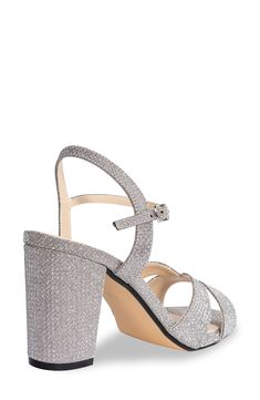 A glittery upper adds soirée-ready appeal to an elegant sandal set on a cushioned footbed and wrapped block heel. 2 3/4" heel Adjustable ankle strap with buckle closure Memory foam cushioning Water resistant Synthetic upper, lining and sole Imported Elegant Sandals, Strap Sandals Women, Nordstrom Store, Anniversary Sale, Sandal Women, Ankle Strap Sandals, Strap Sandals, Ankle Strap, Block Heels