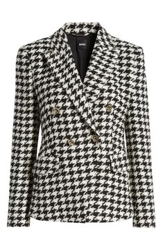 Ornate buttons accentuate the sophisticated style of this impeccably structured houndstooth blazer. Front button closure Peaked lapels Front flap pockets Back vent Lined 30% acrylic, 29% virgin wool, 26% recycled cotton, 11% polyester, 4% other fibers Dry clean Imported Chic Houndstooth Blazer With Notch Lapel, Elegant Houndstooth Blazer For Workwear, Elegant Houndstooth Tweed Jacket For Workwear, Chic Houndstooth Tweed Jacket For Formal Occasions, Chic Houndstooth Tweed Jacket For Formal Events, Office Tweed Jacket With Notch Lapel And Houndstooth Pattern, Elegant Houndstooth Blazer With Notch Lapel, Elegant Houndstooth Tweed Jacket For Office, Luxury Houndstooth Blazer For Office