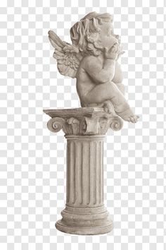 an angel statue sitting on top of a pillar with its wings spread out and looking down