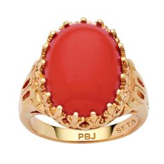 PRICES MAY VARY. Main Stone: 1 Oval Cabachon Cut Simulated Orange Coral, 16 mm x 12 mm 14k Gold-Plated Measures: 21 mm wide x 17 mm long x 4.5 mm high; Shank Width: 2.0 mm wide Includes gift box and drawstring pouch PalmBeach Jewelry exclusive. One of the most precious offerings simulated coral cabochon, in an oval shape, lends its beauty to a ring you'll treasure. Gold-plated. Sizes 5-10. - 1851310 Yellow Gold Cocktail Ring, Orange Ring, Palm Beach Jewelry, Gold Statement Ring, Gold Cocktail Ring, Coral Ring, Orange Coral, Gold Cocktail, Coral And Gold