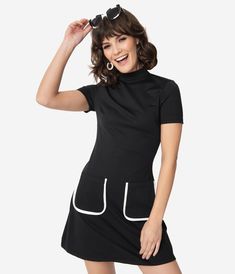 Smak Parlour Black Mock Turtleneck Fit & Flare Dress – Unique Vintage Black Mock Turtleneck, 60's Mod, Black Frock, Mod Dress 60s, 1960s Dresses, Dress Unique, 60s Dress, Mod Dress, 1960s Fashion