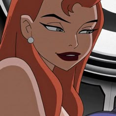 an animated woman with red hair and piercings in front of a clock face on the wall