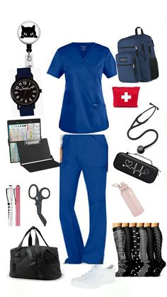 a woman in blue scrubs and medical supplies are arranged on a white background,