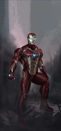 an iron man standing in the middle of a dark room