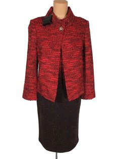 New Women's St. John Collection. All original tags attached. Retail price Jacket $2190.00 Dress $1190.00 Both size 4. Made from 53% Wool 41% Rayon and 6% Polyamide.  Crimson multi is the color as per tag. Crimson Red, Mahogany Brown and Black Tweed knit long sleeve Topper Jacket with single jeweled button closure at neck. Sewn in shoulder pads. Matching Tweed knit sleeveless tank dress with rear zipper opening.  Jacket measurements: Shoulder measurement is 15" Sleeve length is 22" Bust measureme Luxury Winter Tweed Dress For Formal Occasions, Luxury Tweed Dress For Winter Formal, Luxury Tweed Dress For Formal Winter Occasions, Luxury Tweed Dress For Formal Winter Events, Fall Formal Wool Tweed Dress, Formal Wool Tweed Dress For Fall, Wool Tweed Dress For Formal Fall Occasions, Luxury Fitted Tweed Jacket For Evening, Winter Formal Tweed Dress