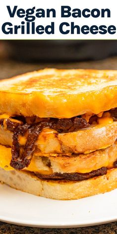 a grilled cheese sandwich on a plate with the words vegan bacon grilled cheese