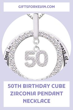 a birthday necklace with the number 50 on it and an inscription that reads, 50th birthday cube