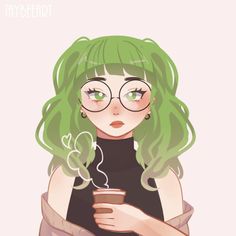 a girl with green hair and glasses holding a cup of coffee in her right hand