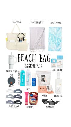 the beach bag essentials list is shown