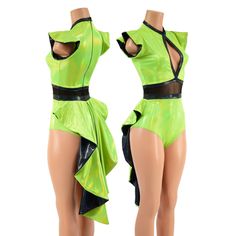 "This neon green romper is holographic AND Neon under blacklights! The main fabric is lime holographic, with black holographic trim and a black mesh waist panel. Flip sleeves, a keyhole neckline, and a tuxedo back. Siren cut leg, and a sheer black mesh panel across the center. The under side of the tuxedo tail is black holographic. Zipper back. This item is made to order. Ships out within 5 days of purchase. Womens Sizing (See below for instructions on where measurements should be taken) XXS: Bu Black And Green Dance Costume, Rave Outfits Green, Fitted Green Bodysuit For Rave, Green Rave Bodysuit For Party, Green Club Bodysuit, Green Stretch Rave Bodysuit, Green Stretch Bodysuit For Party, Green Sleeveless Bodysuit For Club, Fitted Green Bodysuit For Night Out