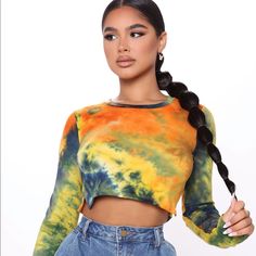 Orange/Combo, Crew Neck, Crop Top Tie Dye Print New Without Tags 96% Polyester 4% Spandex Multicolor Fitted Crop Top With Crew Neck, Fitted Multicolor Crop Top With Crew Neck, Casual Multicolor Crop Top For Fall, Fitted Multicolor Crop Top For Fall, Fitted Yellow Crop Top For Fall, Trendy Tie Dye Crop Top For Spring, Trendy Stretch Tie Dye Tops, Fashion Nova Outfits, Fashion Nova Tops