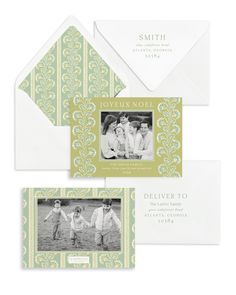 an envelope with two photos on the front and one in the back, is open to reveal