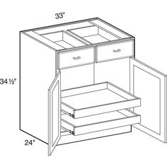 a drawing of an open cabinet with drawers and shelves in the bottom drawer, showing measurements for