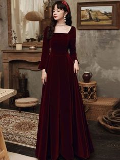 Long Formal Dresses Long Sleeve, Dark Red Long Sleeve Dress, Sweet Elegant Outfits, Red Velvet Dress Outfit Winter, Elegant Dark Red Dress, Christmas Gowns Classy, Red Evening Maxi Dress, Off The Shoulder Long Sleeve Dress, Long Sleeve Dress Aesthetic