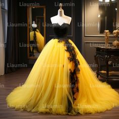 Yellow Tulle and Black Lace Applique Strapless Full Length Tull Prom Dress Evening Dress Custom Hand Made A2-6.4 on Storenvy Matric Dance Dresses, Matric Dance, Black Evening Gown, Prom Dress Evening, Dress Inspo, Dance Dress, Drawing Clothes, Dress Evening, Yellow And Black