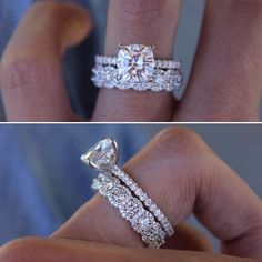 two different views of a woman's engagement ring with diamonds on top and bottom