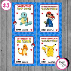 four valentine cards with pokemon characters on them