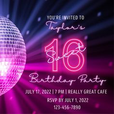 a party flyer with a disco ball and the words, you're invited to claudia's birthday party