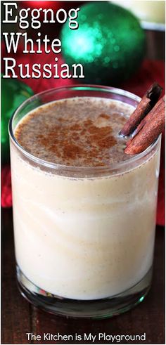 eggnog white russian drink in a glass with cinnamon sticks