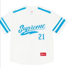 New. Size M. Velour With Light Blue Mesh Lettering. White Crew Neck College Jersey, White Short Sleeve Varsity Jersey, White Varsity Jersey With Crew Neck, White Varsity Crew Neck Jersey, White Short Sleeve Jersey With Letter Print, White Cotton College Jersey, White Short Sleeve Jersey For Streetwear, White Cotton Jersey For College, Collegiate White Jersey With Graphic Print