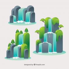 three different types of waterfalls with trees