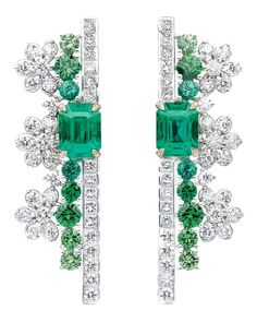 Dior Délicat Earrings, Victoire de Castellane: Colorless diamond, emerald, tsavorite, 18K gold, 18K white gold Jewelry Sketch, Victoire De Castellane, High Jewellery, Jewellery Sketches, Colorless Diamond, Heart Shaped Diamond, Couture Jewelry, Cushion Cut Diamonds, Pear Shaped Diamond