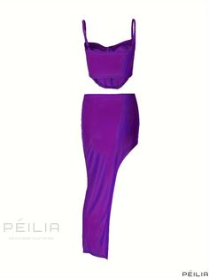 Peilia - Elegant Two-Piece Skirt Set: Solid Slim Fit, Corset Crop Cami Top and High Split Skirt Ensemble – Womens Fashion Chic Fitted Purple Set, Fitted Two-piece Purple Set, Fitted Purple Skirt For Club, Purple Two-piece Set For Party, Purple Two-piece Party Set, Purple Stretch Party Sets, Chic Purple Party Sets, High Split Skirt, Crop Cami Top