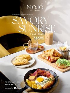 an advertisement for a restaurant with breakfast items on the table and in front of it