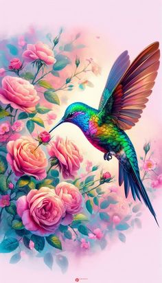 a painting of a hummingbird flying over pink roses