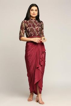 Shop for Soup by Sougat Paul Maroon Georgette Draped Skirt With Printed Jacket for Women Online at Aza Fashions Skirt With Jacket, Saree Blouse Styles, Trendy Outfits Indian, Cowl Dress, Printed Jacket, Indian Dresses Traditional, Fashion Design Dress, Draped Skirt, Stylish Party Dresses