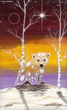 a painting of a bear standing in the snow next to some trees with stars on them