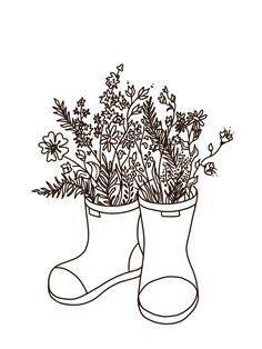 a pair of rubber boots with flowers in them on a white background coloring book page