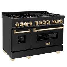 a black and gold stove with two ovens