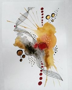 an abstract painting on white paper with red, yellow and black circles in the center