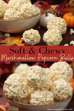 two bowls filled with marshmallow popcorn balls on top of leaves and pumpkins