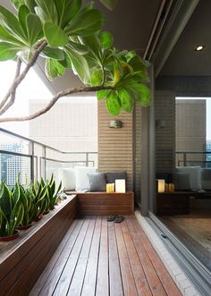 a balcony with potted plants on it