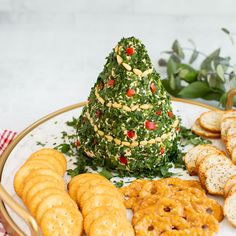 a plate with crackers, pretzels and a christmas tree on it