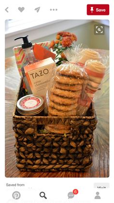 a basket filled with cookies and treats on top of a table