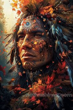 a native american man with feathers on his head and leaves all over his face, surrounded by autumn foliage