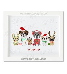 a white frame with four dogs wearing christmas clothes and santa's hats on it