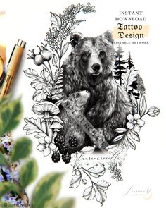 an ink drawing of a bear with berries on it's chest and the words, instant tattoo design