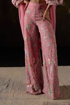 Pink noodle strap sleeves bralette style blouse with all over Parakeet paradise embroidery. Paired with a matching embroidered high waist wide legged pant and a statement dupatta with attached embroidered puffed sleeves. - Aza Fashions Statement Dupatta, Noodle Strap, High Waist Wide Leg Pants, Tarun Tahiliani, Luxury Sale, Style Blouse, Puffed Sleeves, Modern Bride, Pant Set