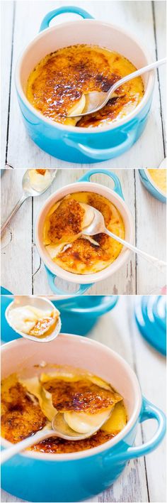 two pictures showing how to make french toast in a blue casserole dish with spoons