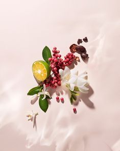 an arrangement of flowers and fruit on a pink surface with white petals, leaves, and oranges