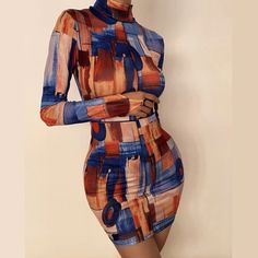 Fitted Knee-length Printed Mini Dress, Knee-length Fitted Printed Mini Dress, Multicolor Mini Bodycon Dress For Fall, Multicolor Mini Length Bodycon Dress For Fall, Trendy Printed Mini Dress, Trendy High Neck Bodycon Dress, Summer Mini Dress With Abstract Print, Fall Multicolor Mini Bodycon Dress, Trendy Fitted High Neck Mini Dress