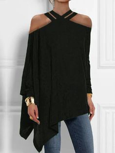 Loose Asymmetric Hollow Cold Shoulder Blouses & Shirts Tops Oversized Tops With Asymmetrical Hem In Solid Color, Solid Asymmetrical Hem Top For Layering, Oversized Solid Color Tops With Asymmetrical Hem, Versatile Party Tops With Asymmetrical Hem, Casual Asymmetrical Solid Color Blouse, Oversized Party Blouse For Fall, Party Tops With Asymmetrical Hem, Oversized Fall Party Blouse, Chic Asymmetrical Fall Shirt