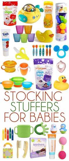 a poster with the words stocking stuff for babies written in red and green on it